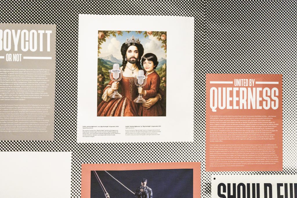 A wall from Qwien museum's United by Queerness exhibition, featuring an artistic rendition of Conchita Wurst and JJ, previous Austrian' winners of Eurovision.