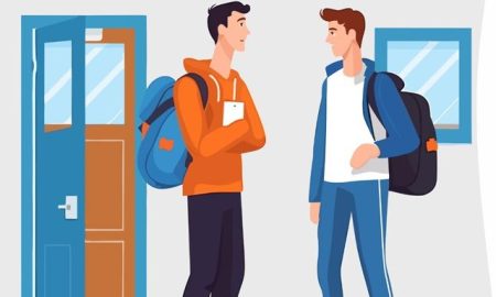 Illustration of two young men chatting at school, representing mental wellbeing
