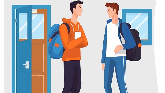 Illustration of two young men chatting at school, representing mental wellbeing