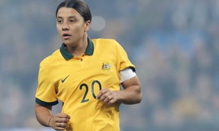 Sam Kerr in Matildas kit during play