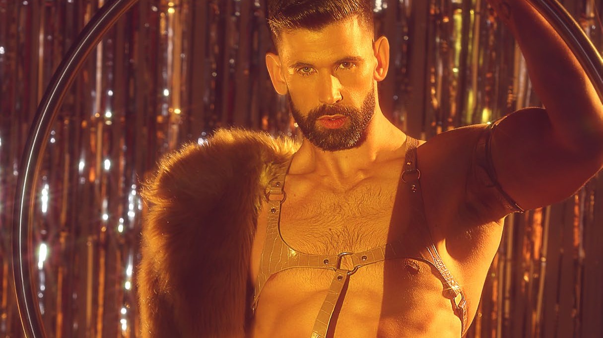 Thomas Worrell in aerial hoop wearing leather harness and fur stole, photographed by Christian Scott for DNA Magazine #297