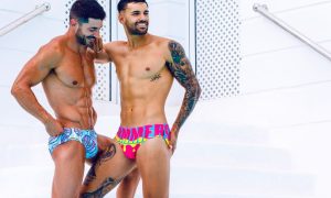 Bruno Miranda Santana and Ayoze Munuera Villar in Rude Rainbow swimwear. Photography by Adrian C Martin.