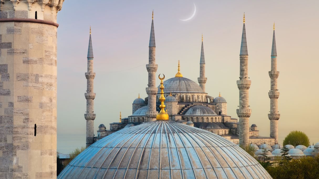 Blue Mosque and Firuz Agha Mosque at dawn with crescent moon, Istanbul