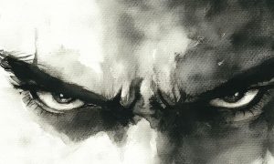 Menacing watercolour illustration of a male face, representing the dark ideology of the manosphere