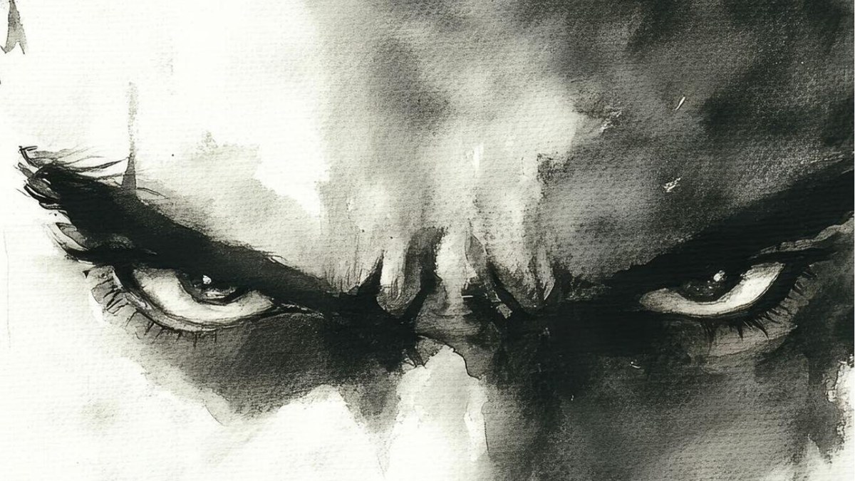 Menacing watercolour illustration of a male face, representing the dark ideology of the manosphere
