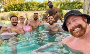 Marc Andrews and friends poolside at a Palm Springs backyard gay sex pool party, DNA #289