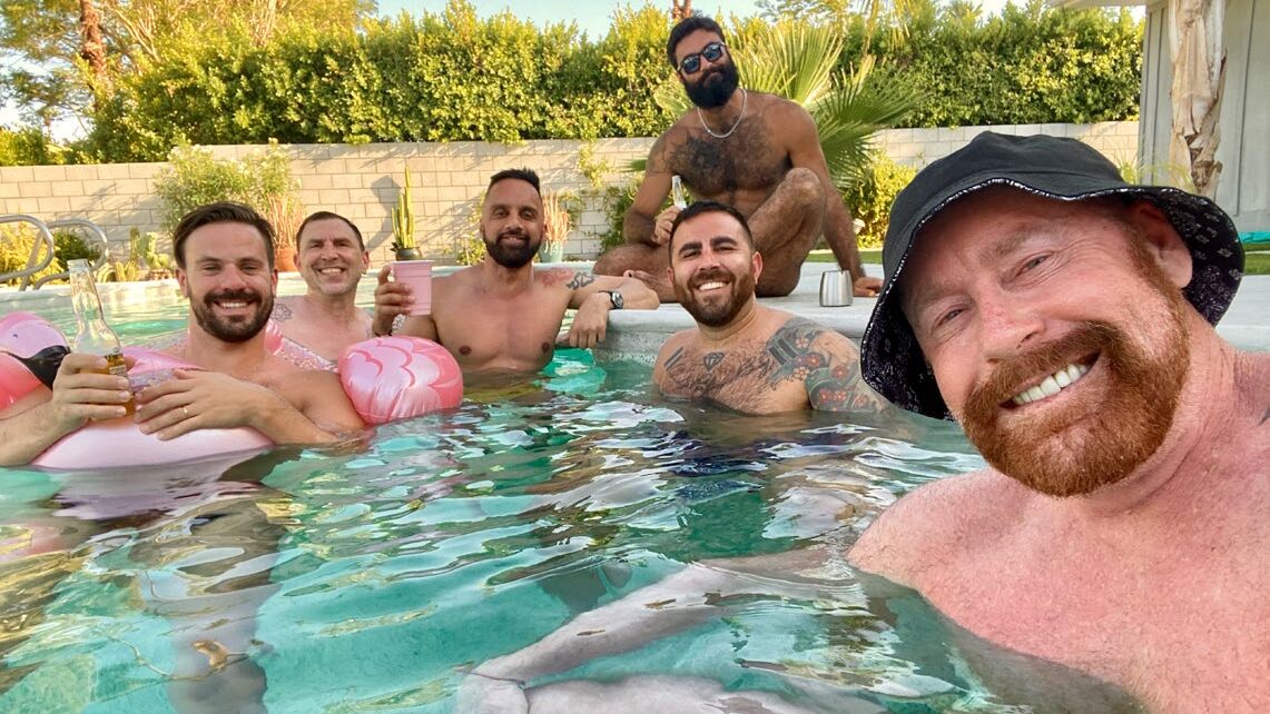 Marc Andrews and friends poolside at a Palm Springs backyard gay sex pool party, DNA #289