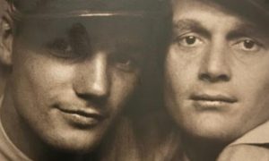 Two US Marines pose cheek to cheek in a vintage photograph from the Loving collection